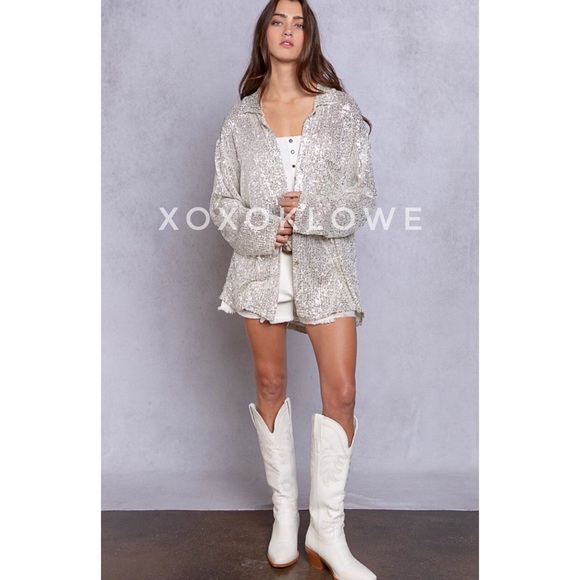 POL Silver Sequin Button Down Shirt Oversized Sparkle - Picture 10 of 13